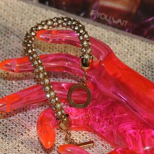 Signed Anne Klein Crystal Glass Tubular Goldtone 8" Bracelet